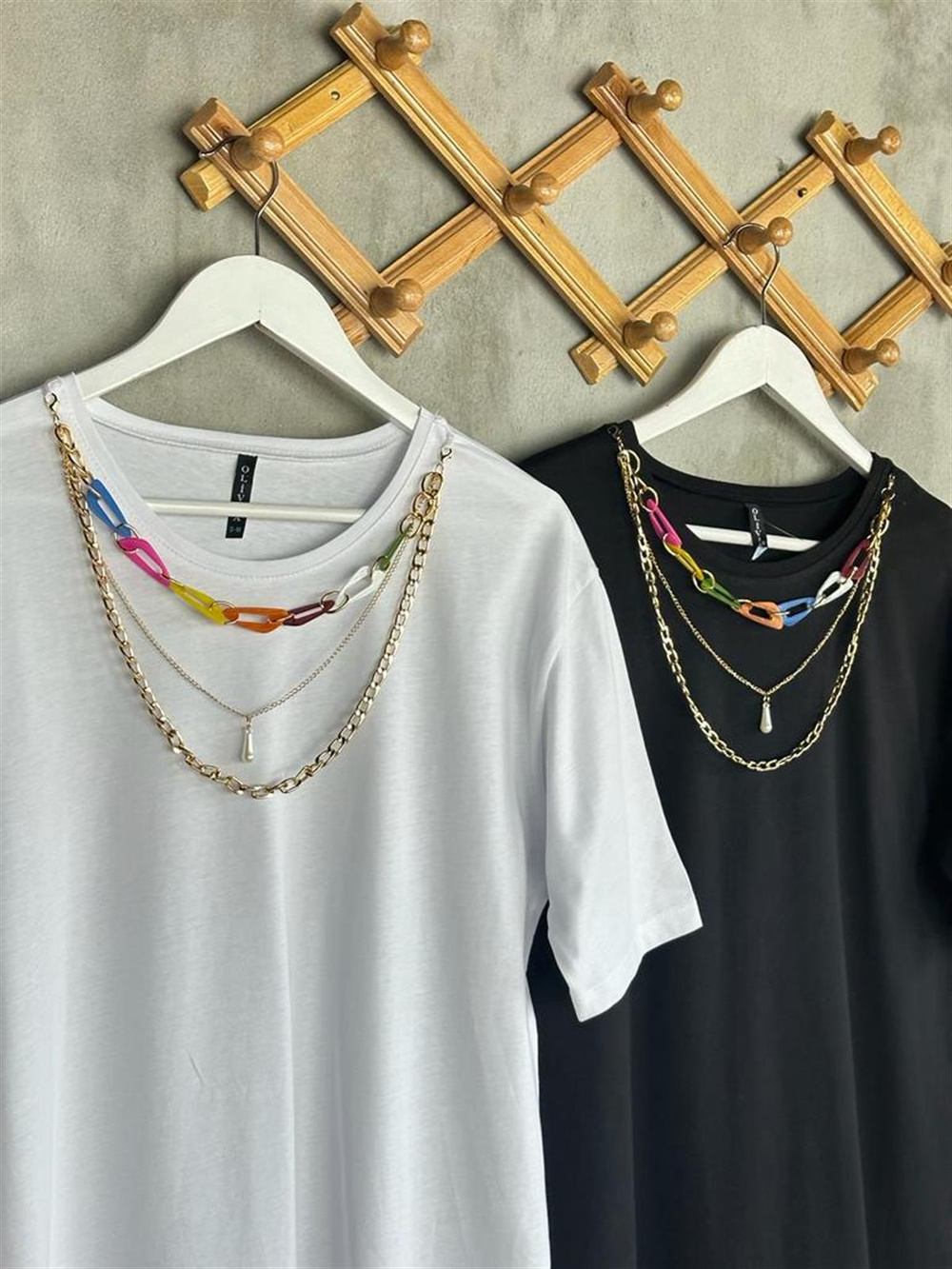 Ayarlanabilir Kolye Detaylı Tunik Tişört (Beyaz)