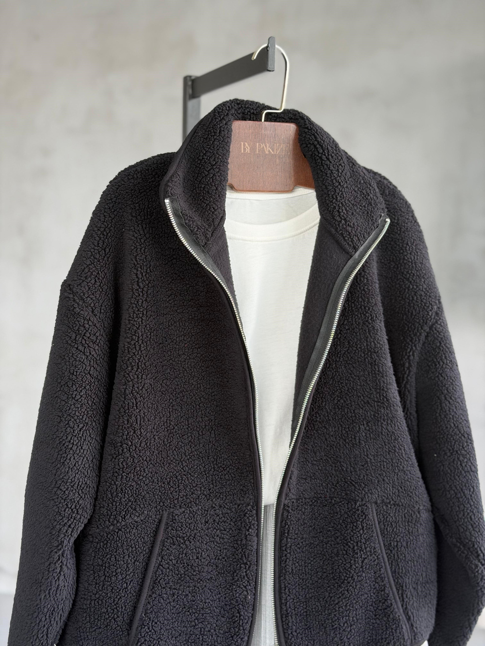 Basic Fermuarlı Peluş Teddy Ceket (Siyah)