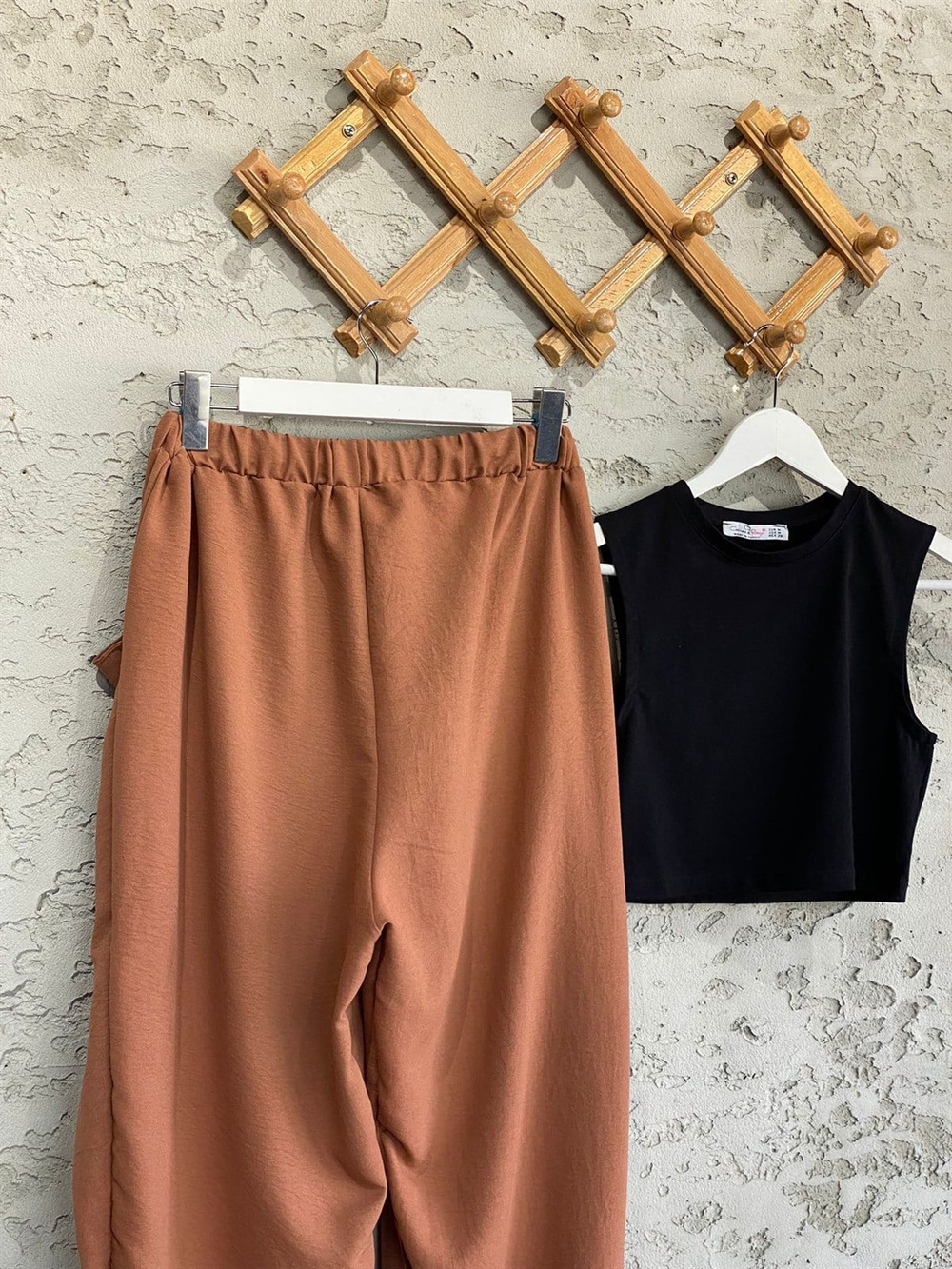 Beli Lastik Tasarım Cepli Şalvar Pantolon Tarçın