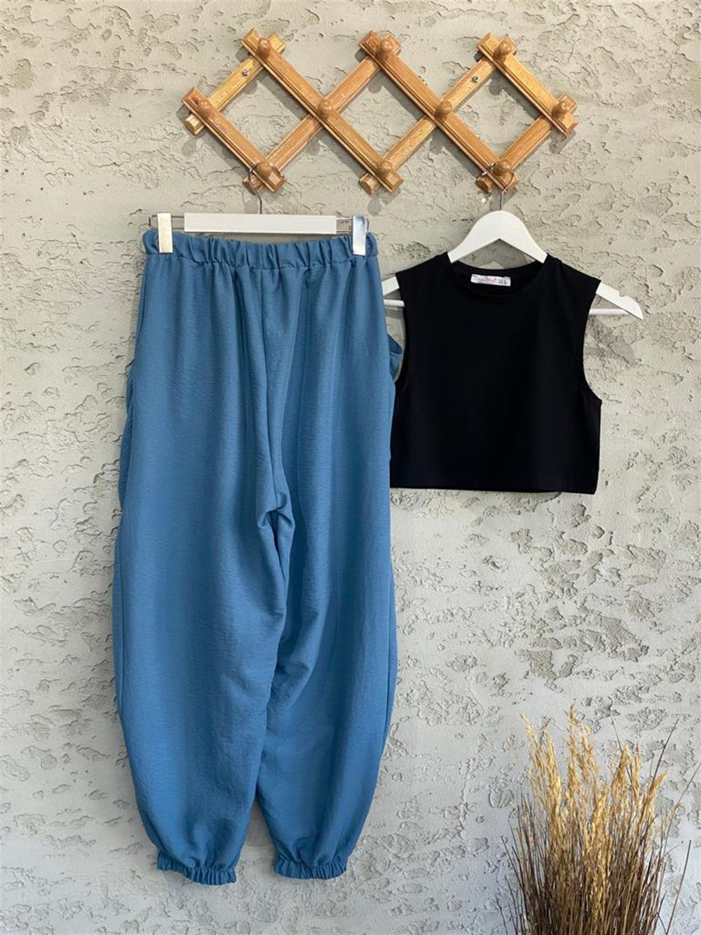 Beli Lastik Tasarım Cepli Şalvar Pantolon İndigo