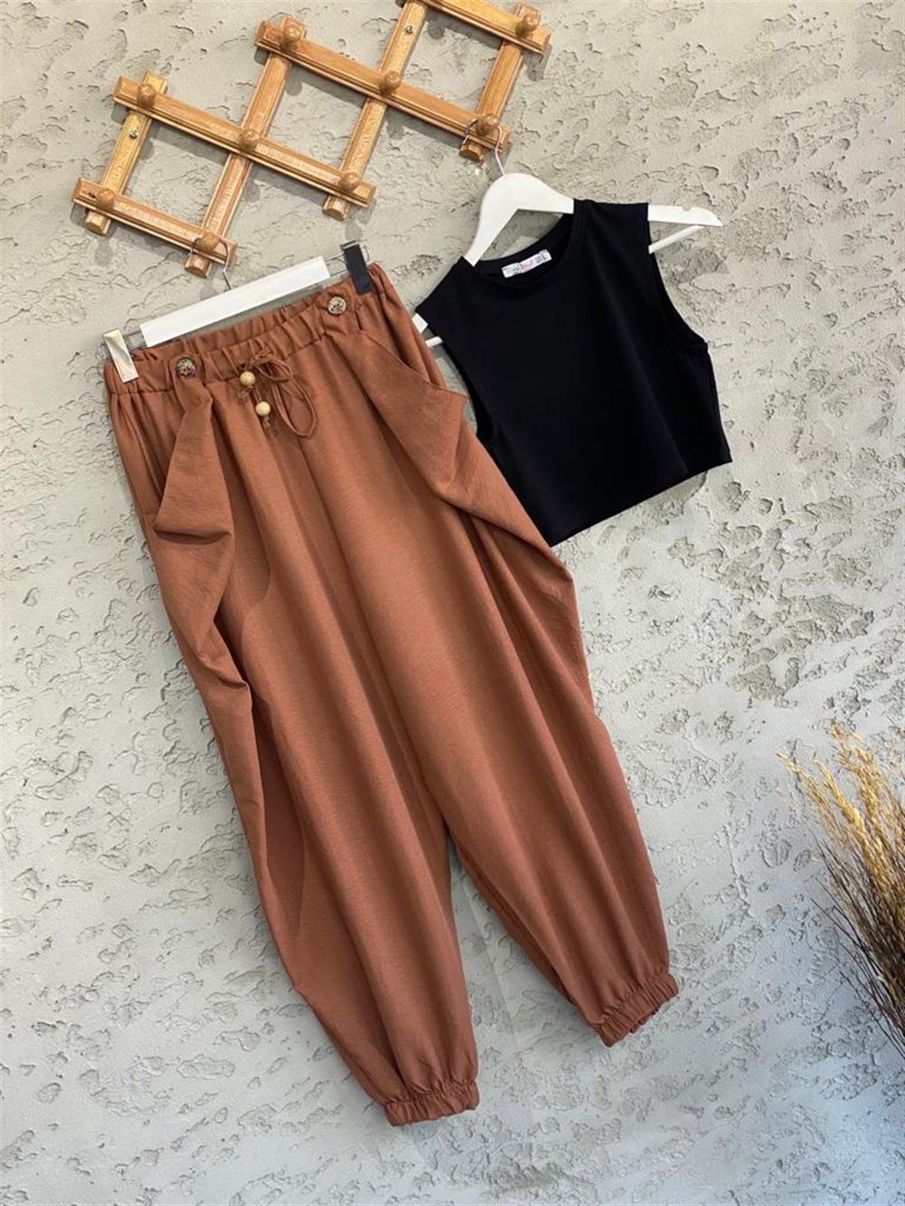 Beli Lastik Tasarım Cepli Şalvar Pantolon Tarçın