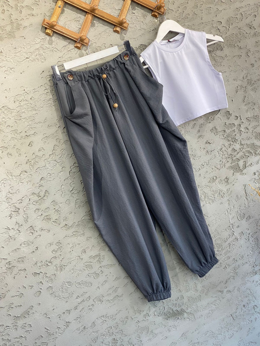 Beli Lastik Tasarım Cepli Şalvar Pantolon Antrasit