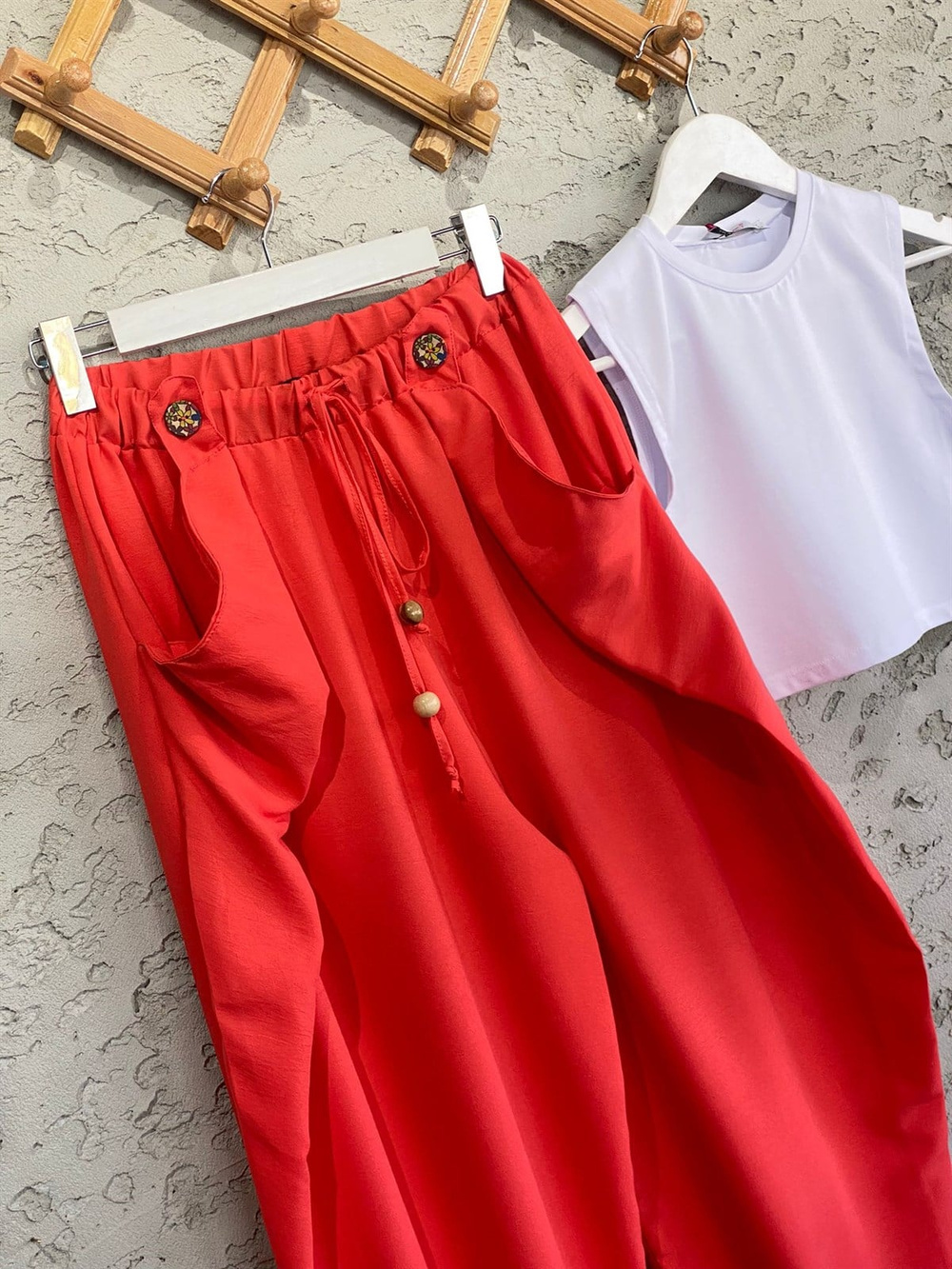 Beli Lastik Tasarım Cepli Şalvar Pantolon Nar Çiçeği