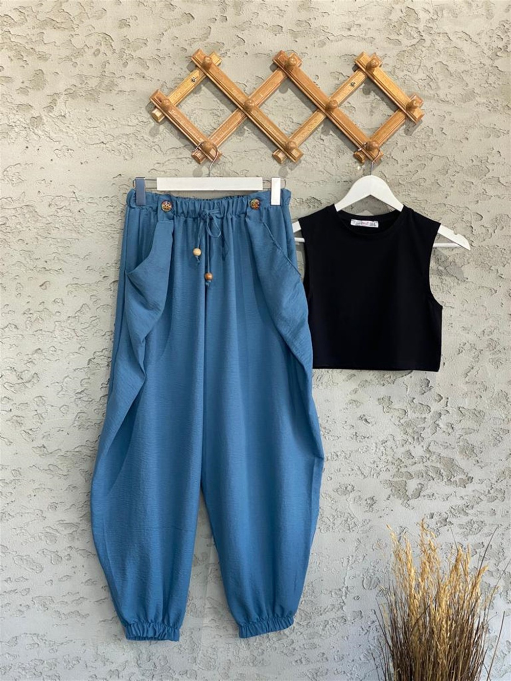 Beli Lastik Tasarım Cepli Şalvar Pantolon İndigo