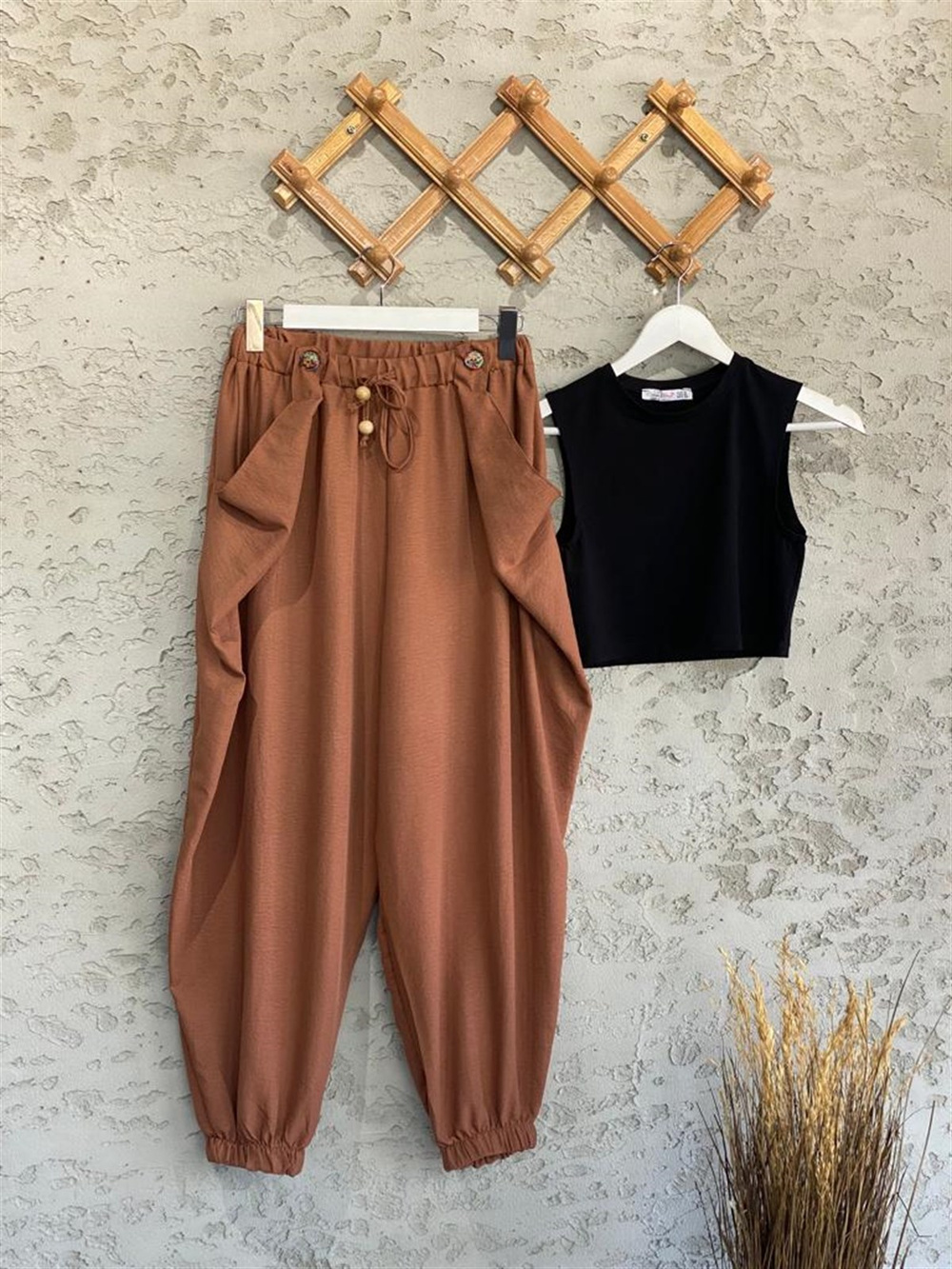 Beli Lastik Tasarım Cepli Şalvar Pantolon Tarçın