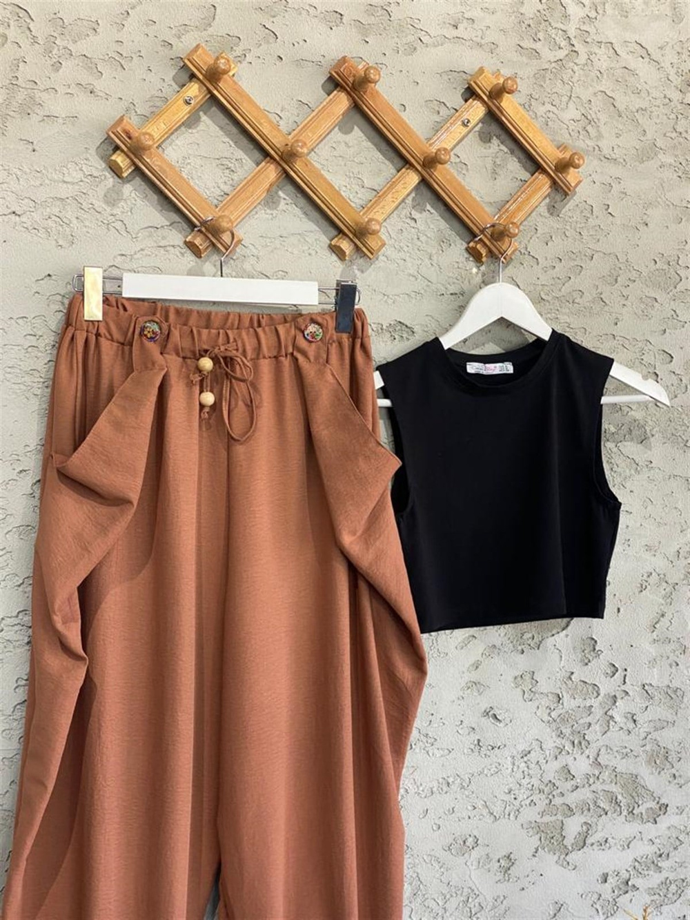 Beli Lastik Tasarım Cepli Şalvar Pantolon Tarçın