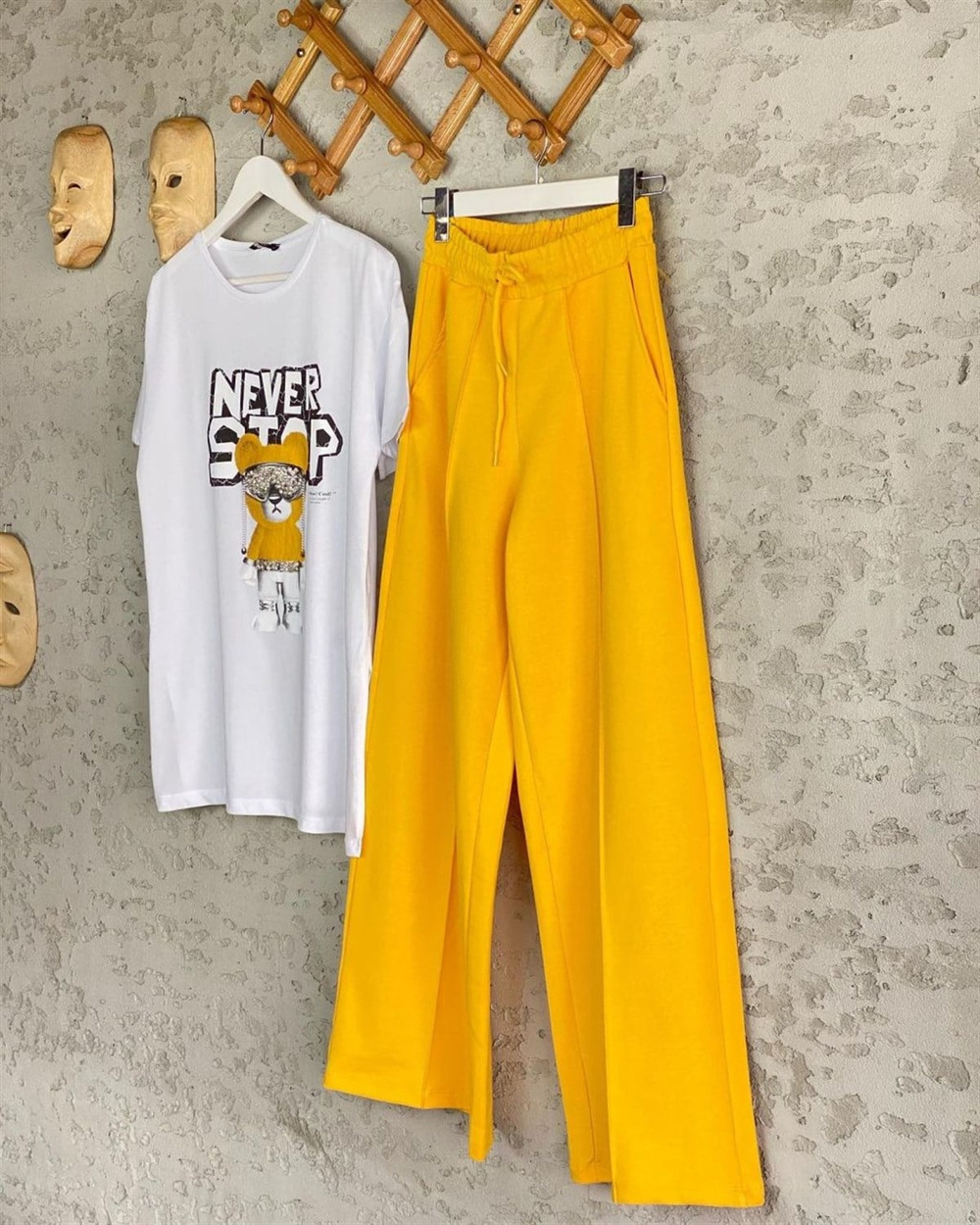 Beli Lastikli Bol Paça Pantolon (Hardal Sarı)