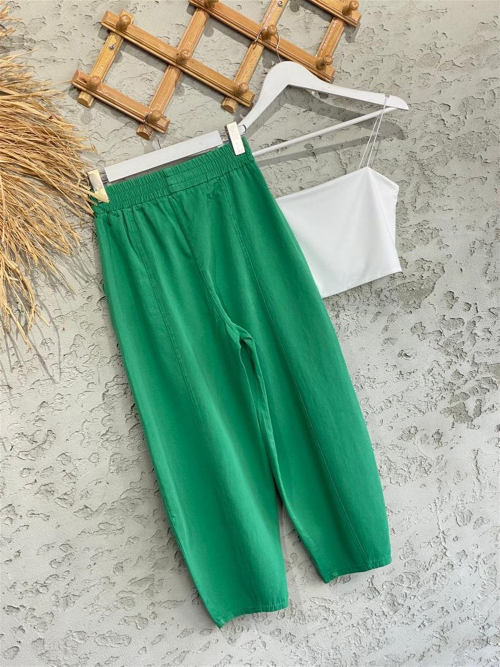 Beli Lastikli Keten Şalvar Pantolon (Yeşil)
