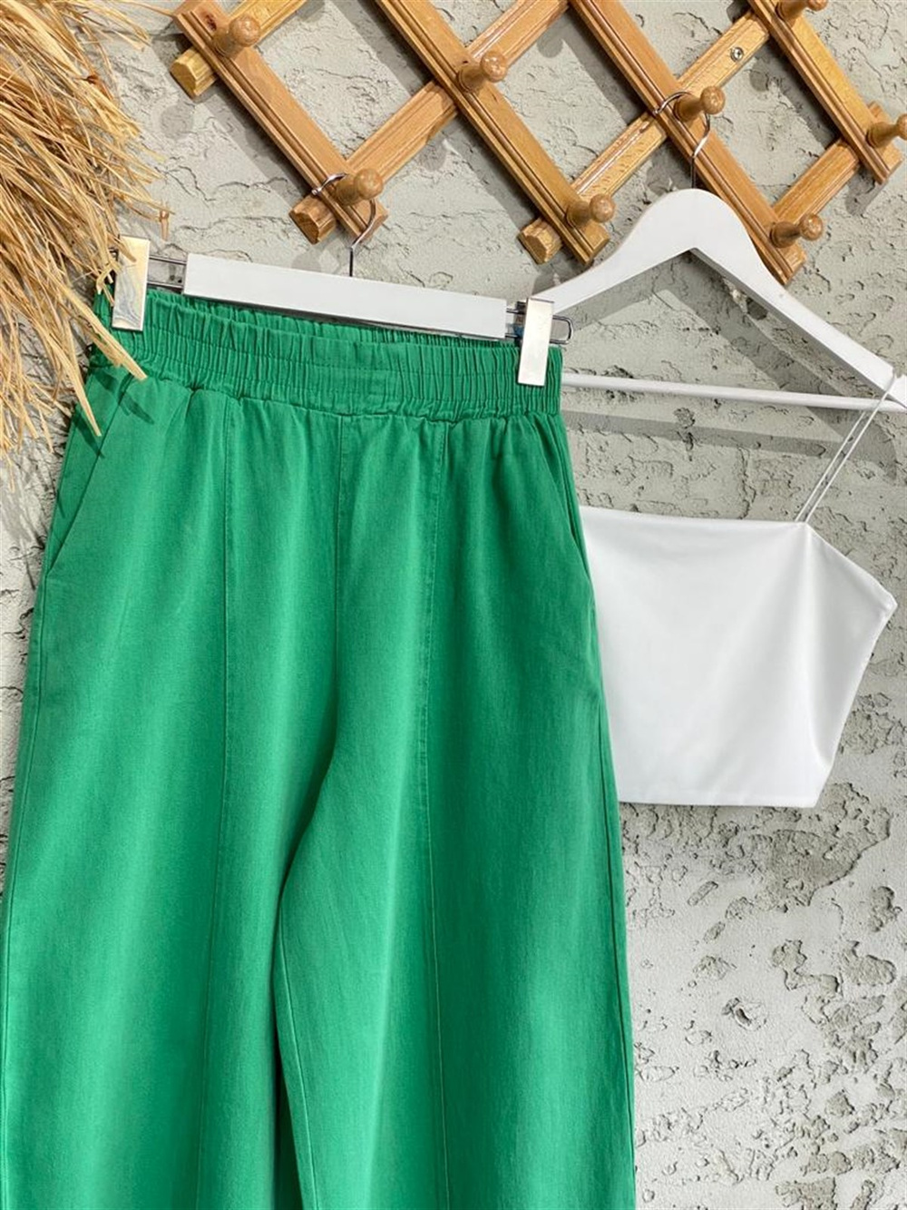 Beli Lastikli Keten Şalvar Pantolon (Yeşil)