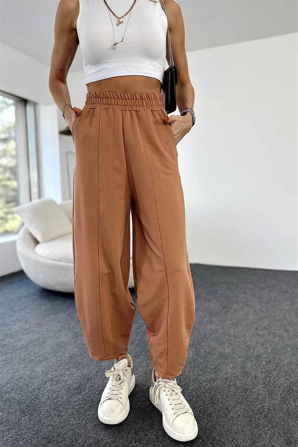Beli Lastikli Önden Çımalı Şalvar Pantolon (Taba)