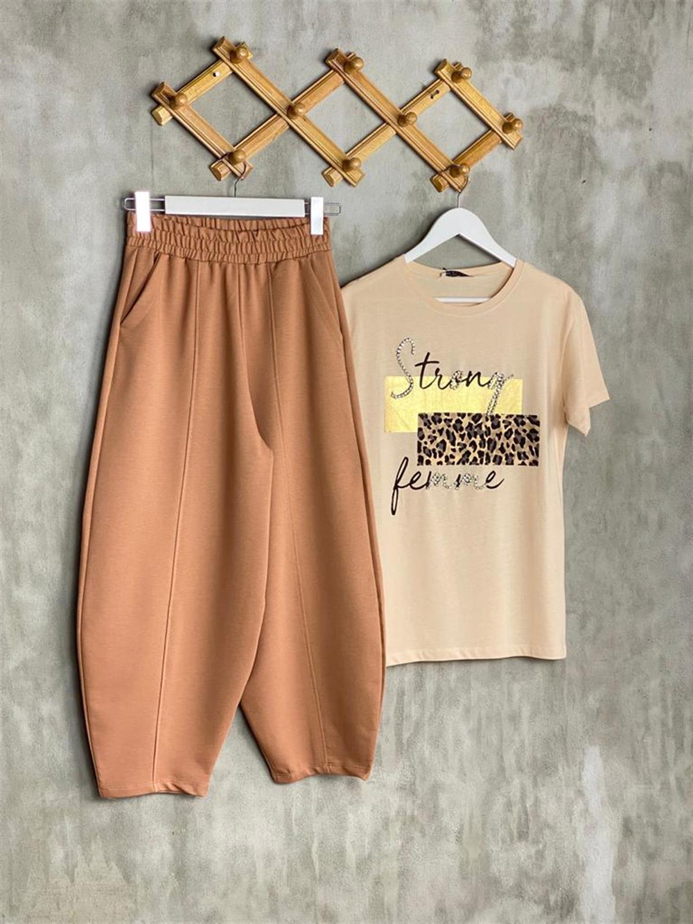 Beli Lastikli Önden Çımalı Şalvar Pantolon (Taba)