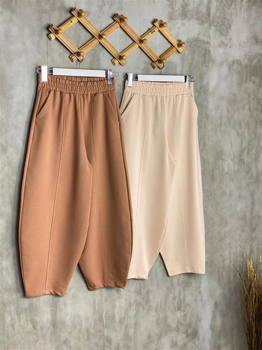 Beli Lastikli Önden Çımalı Şalvar Pantolon (Taba)