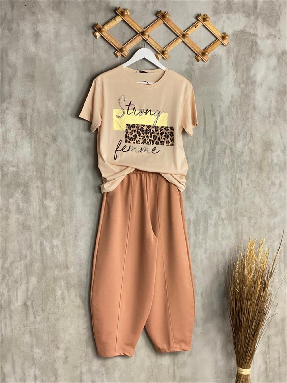 Beli Lastikli Önden Çımalı Şalvar Pantolon (Taba)