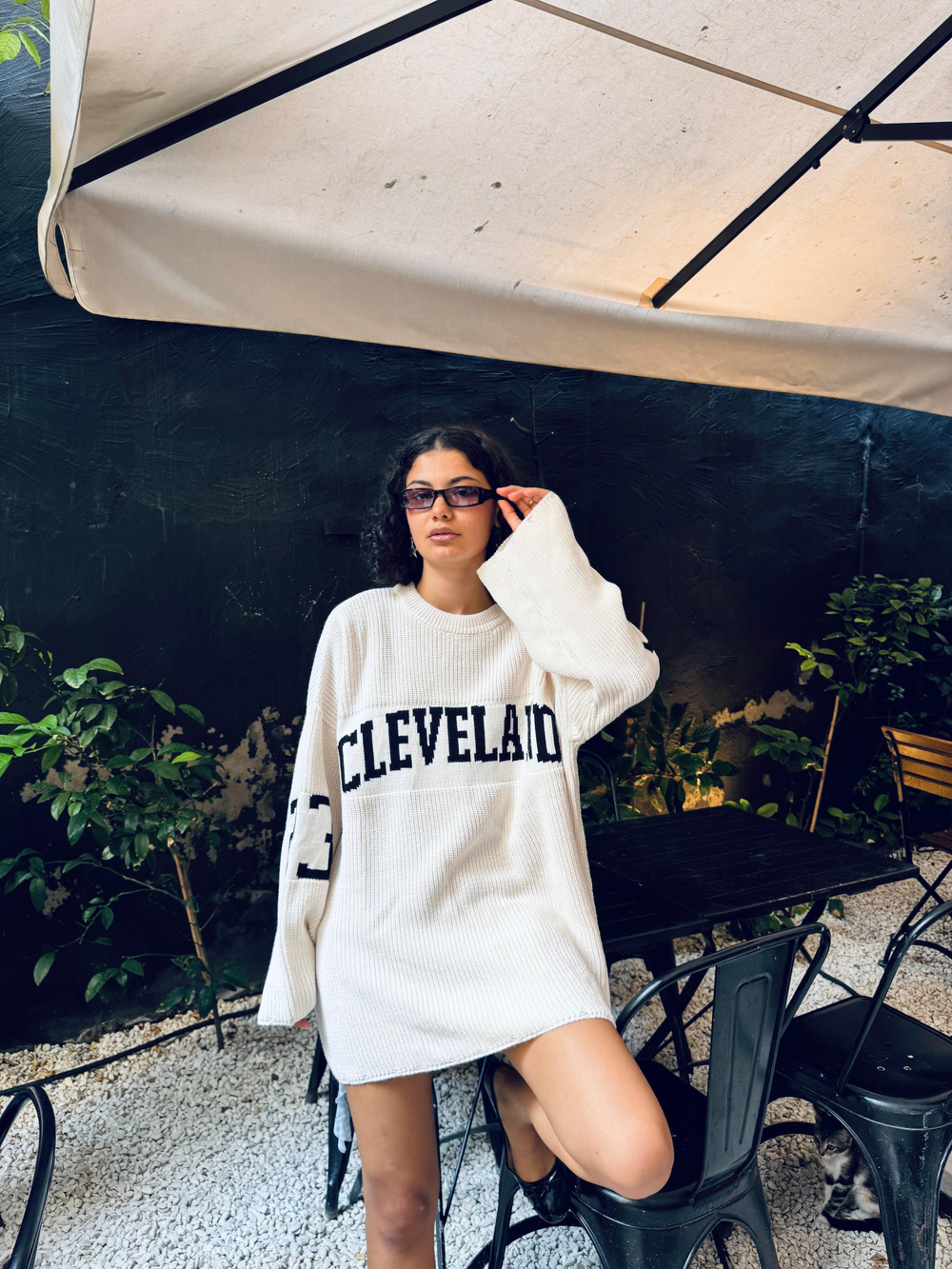 Bisiklet Yaka Yazı Baskı Detaylı Oversize Kazak (Taş)