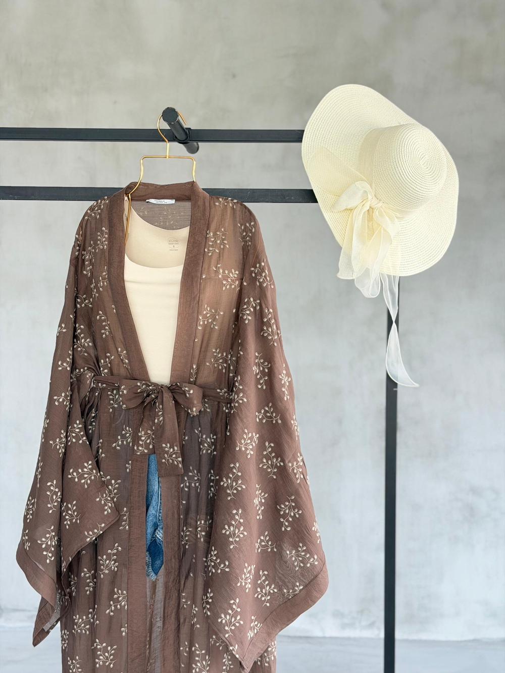 Bohem Nakış Desenli Kuşaklı Kimono (Kahve)