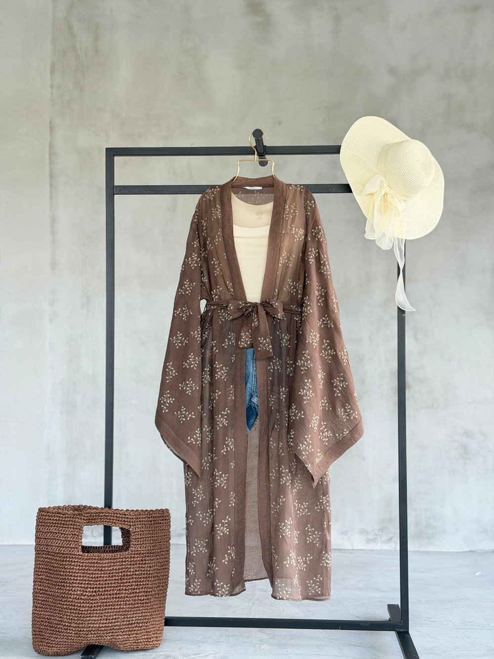 Bohem Nakış Desenli Kuşaklı Kimono (Kahve)
