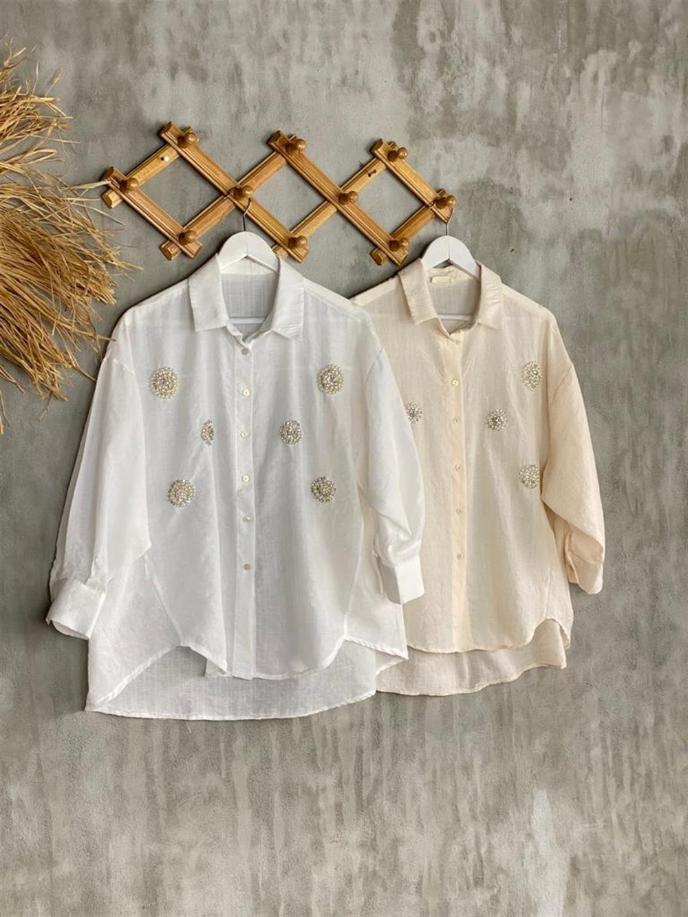 Boncuk Ve Taş İşçilikli Oversize Gömlek (Beyaz)