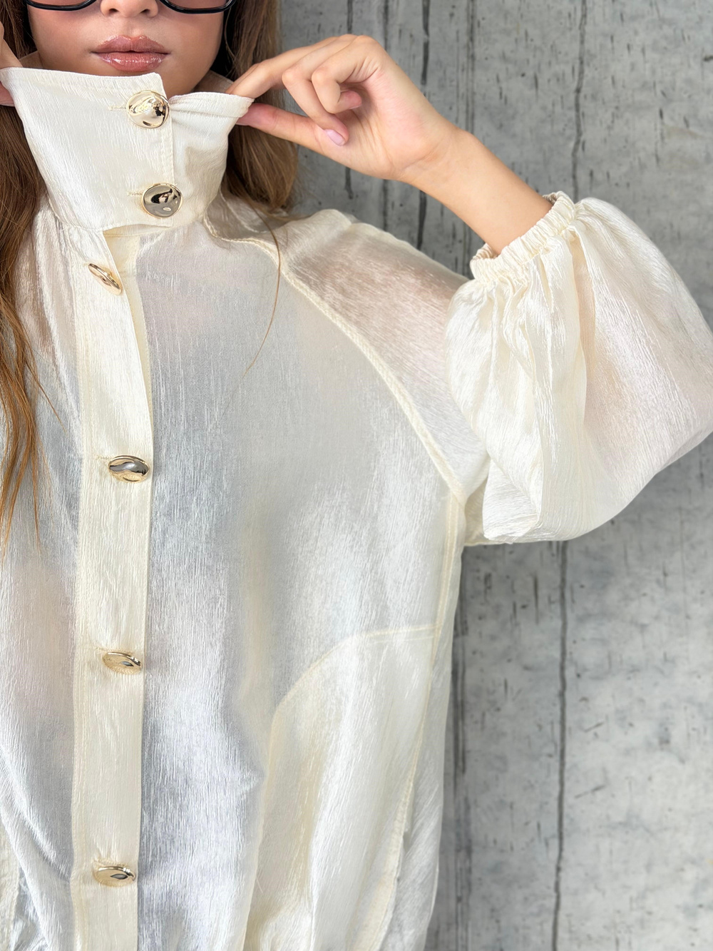 Gold Düğmeli Premium Bomber Ceket (Beyaz)