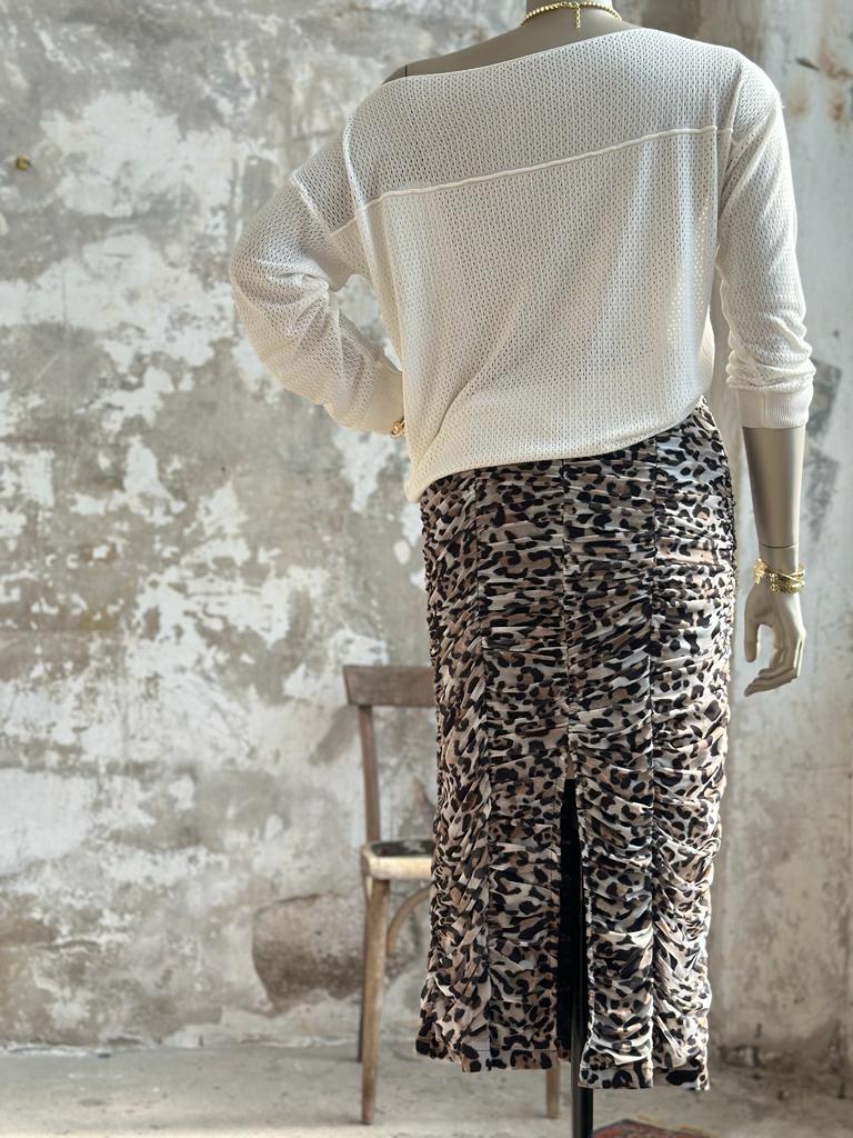 Büzgülü Tül kumaş Leopar Desenli Etek (Siyah)