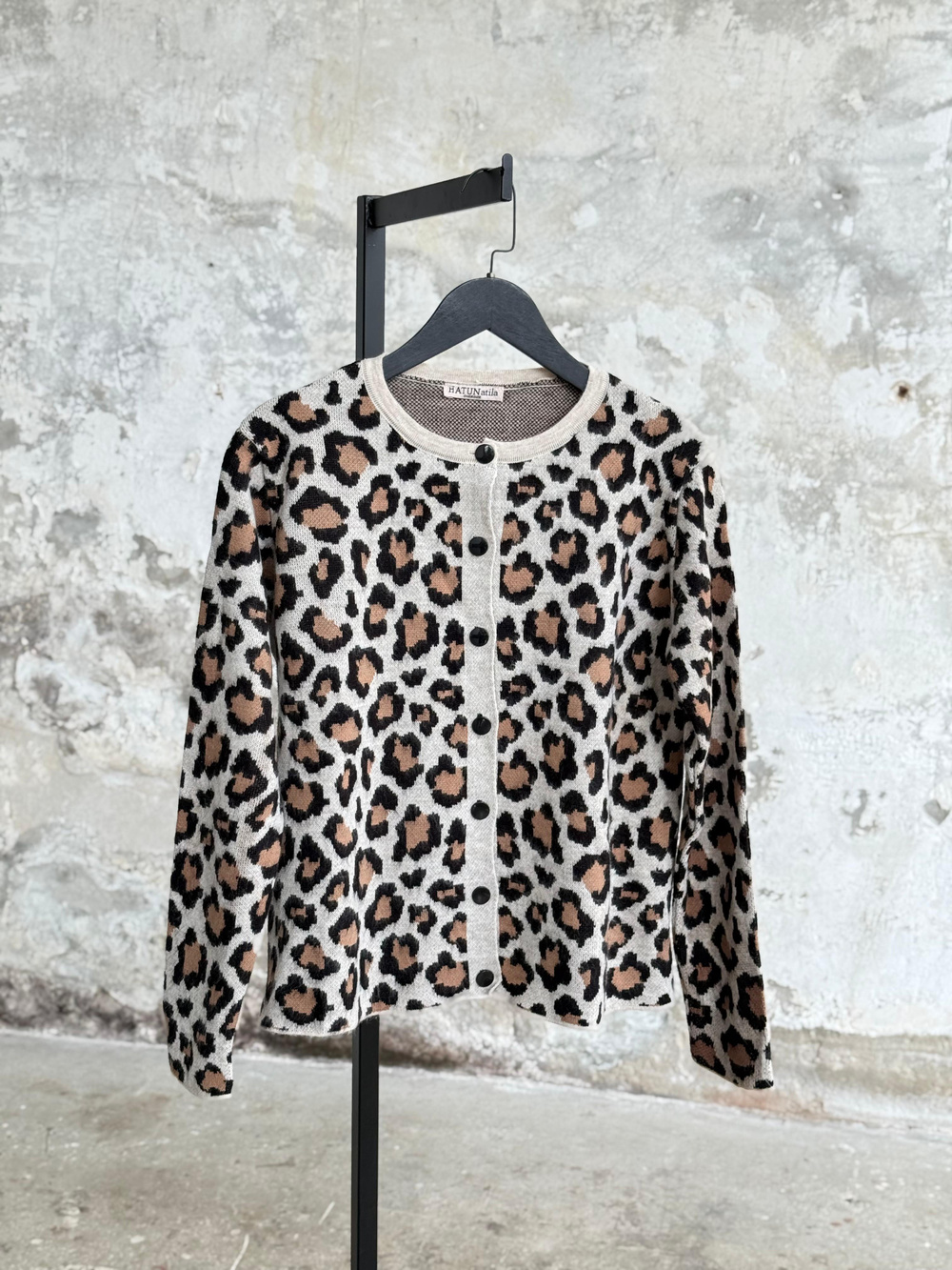 Camel Leopar Desenli Triko Hırka (Bej)