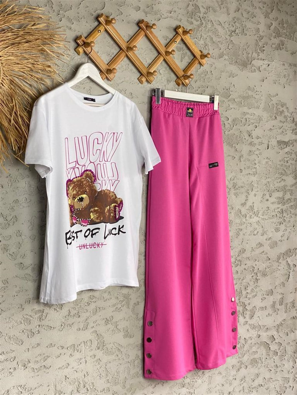 Çıtçıt Detaylı Bol Paça Pantolon (Pembe)