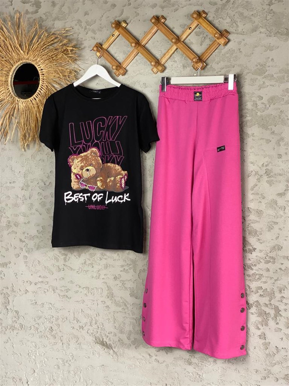 Çıtçıt Detaylı Bol Paça Pantolon (Pembe)