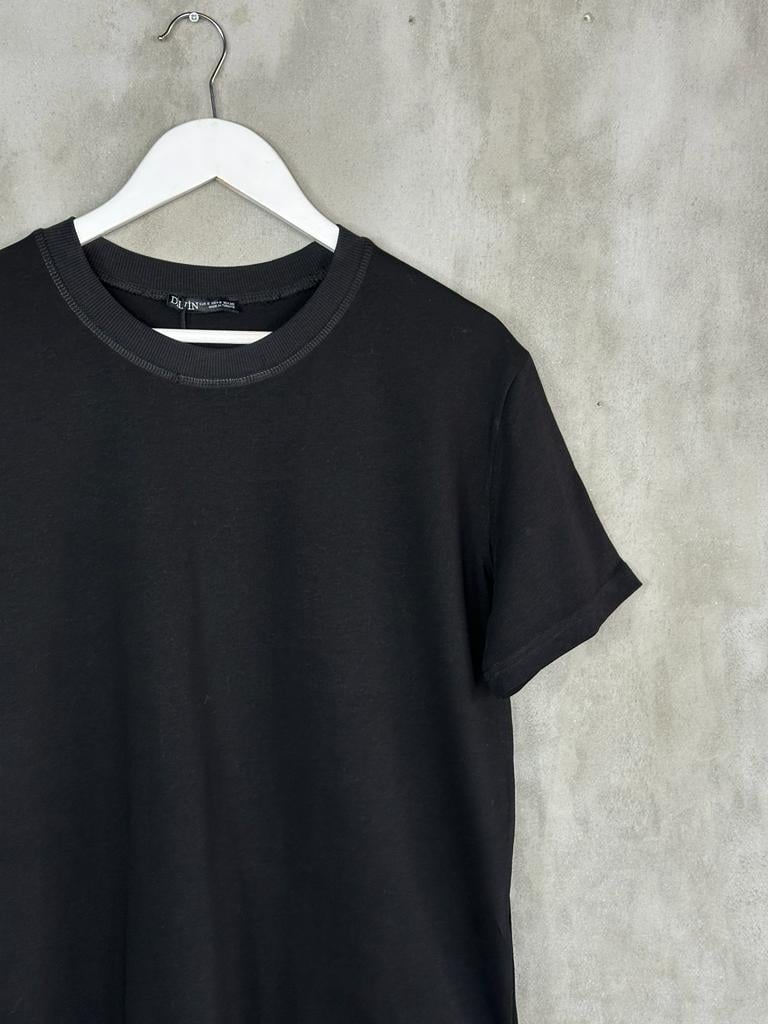 Dekoratif Dikişli Bisiklet Yaka Tshirt (Siyah)