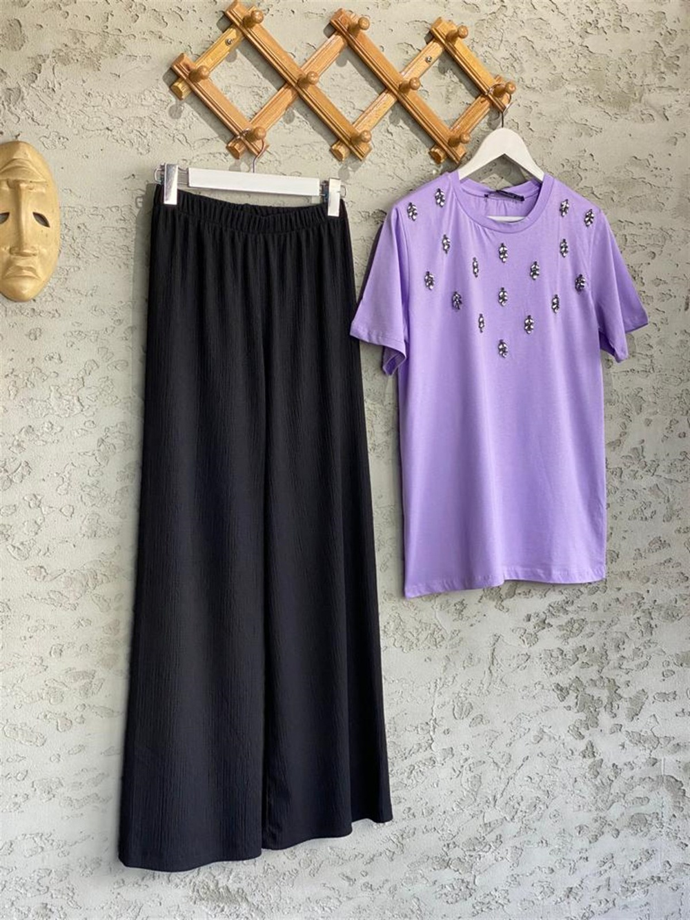 Dokuma Kabartmalı Beli Lastikli Pantolon (Siyah)