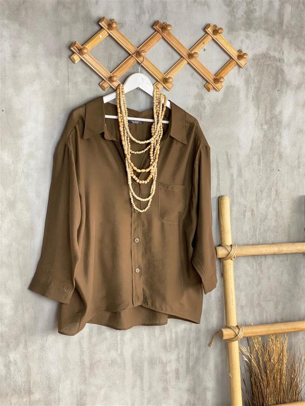 Düşük Omuzlu Oversize Gömlek (Kahve)