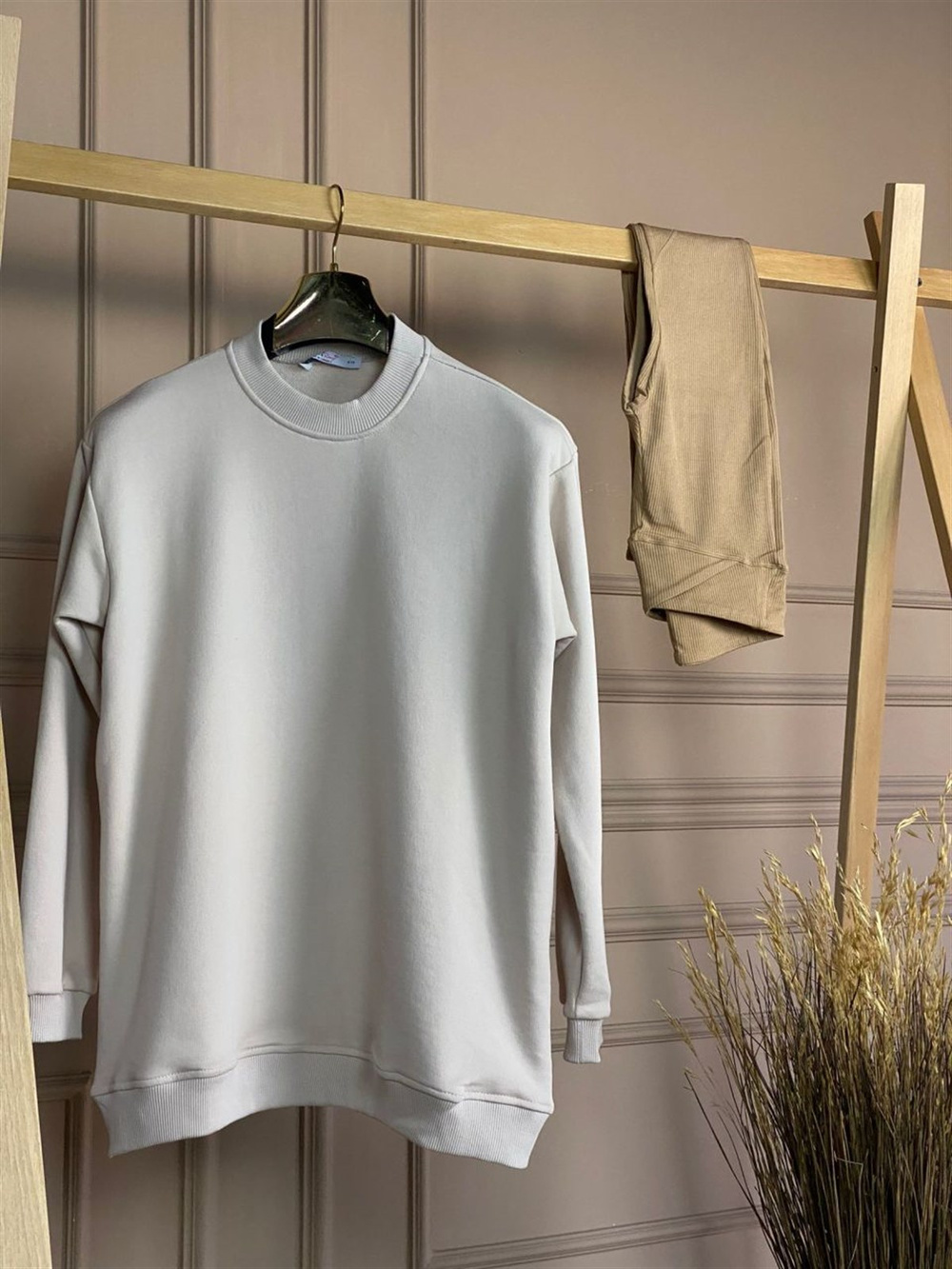 Eteği Lastikli Oversize Sweat (Bej)