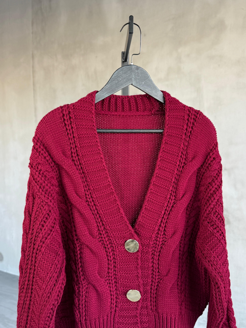Gol Düğme Detaylı Çelik Örme Hırka (Bordo)