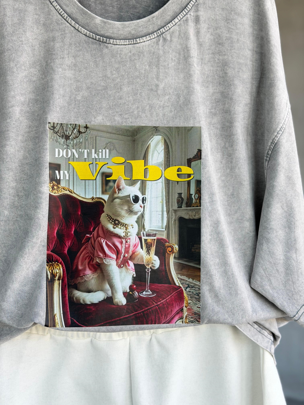 Gözlüklü Kedi Baskılı Oversize Tişört (Gri)