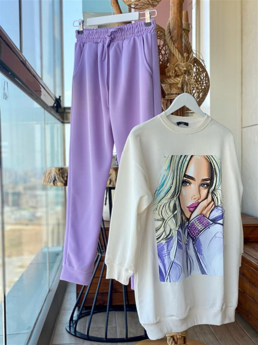Hafif Simli Yüksek Bel Eşofman Pantolon (Lila)