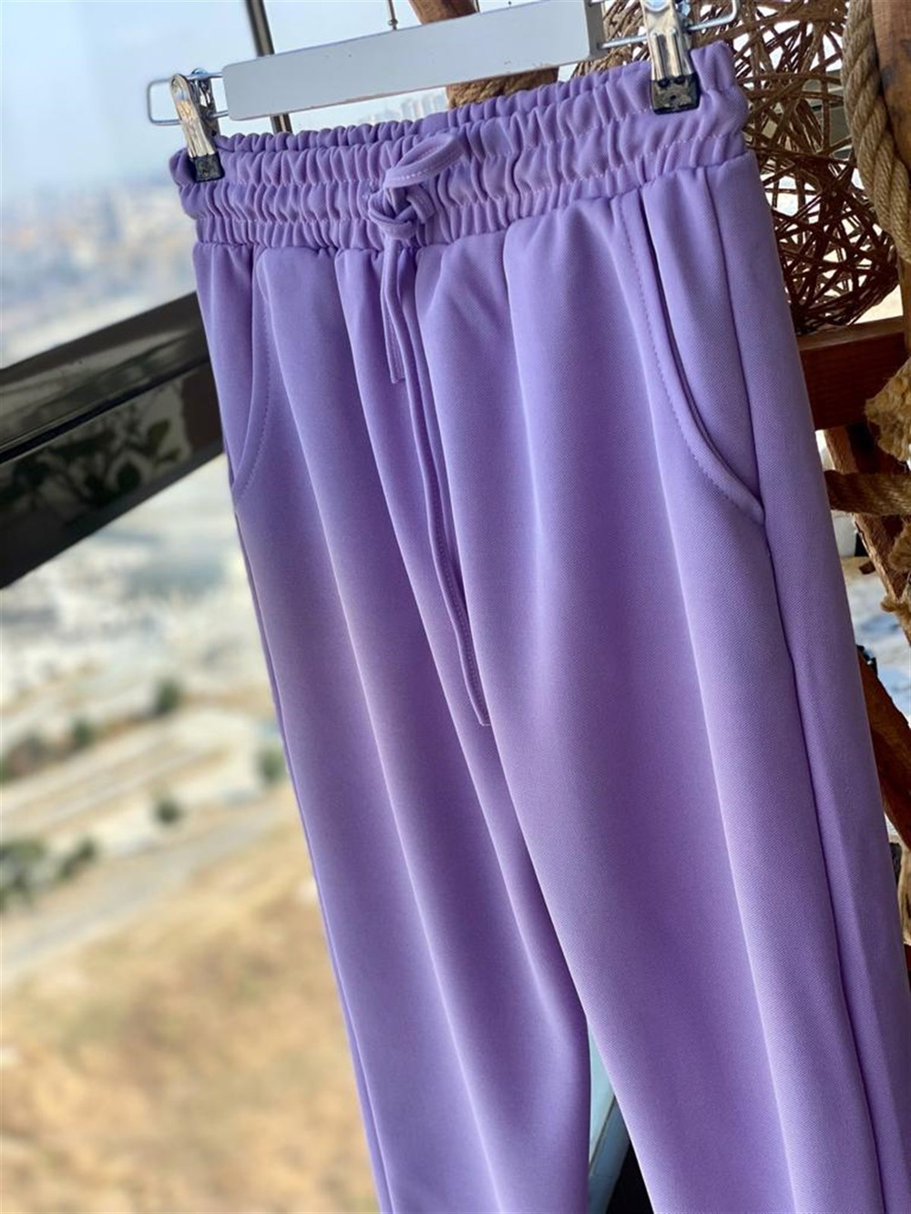 Hafif Simli Yüksek Bel Eşofman Pantolon (Lila)