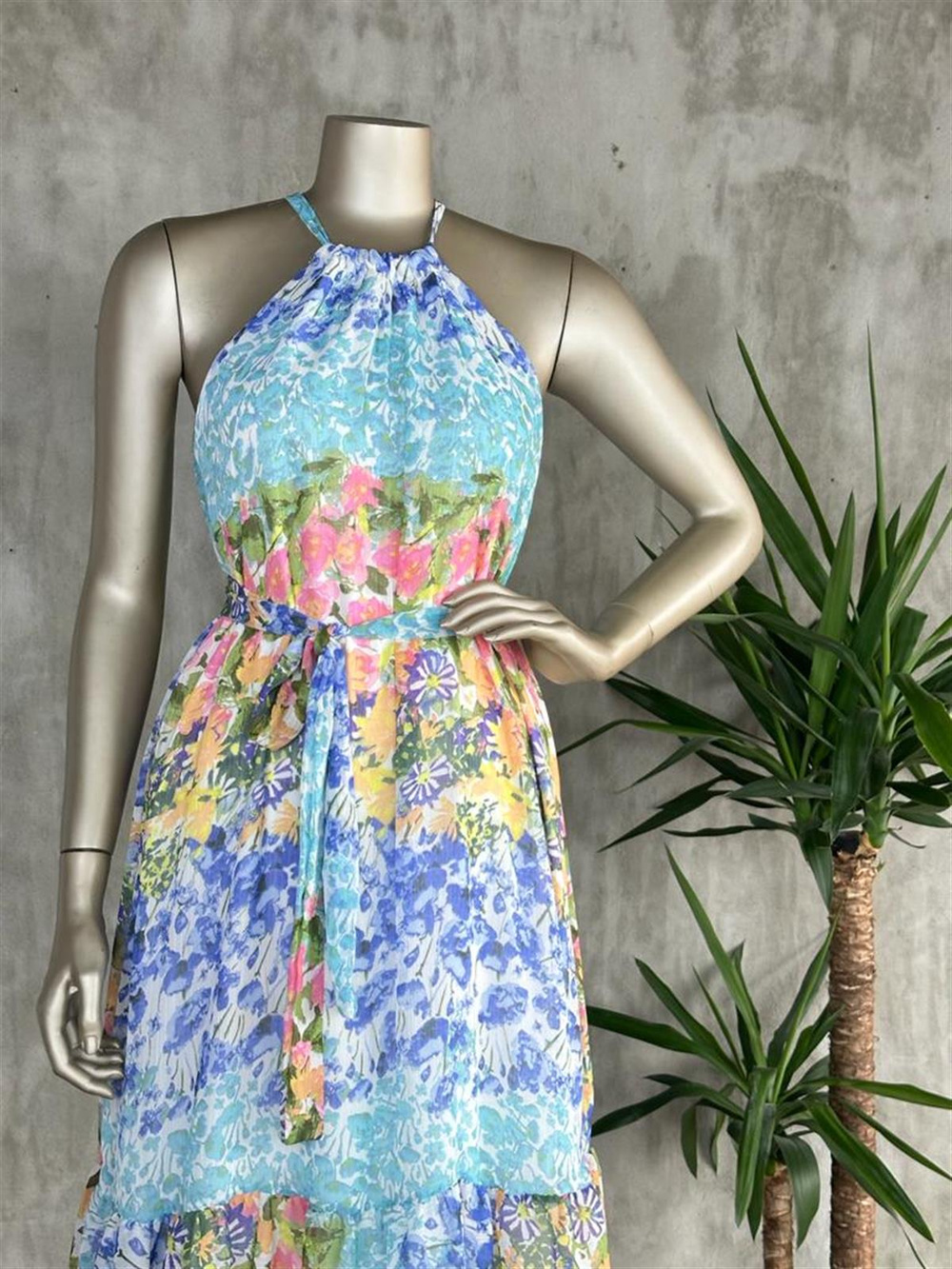 Halter Yaka Çiçekli Elbise (Mavi)