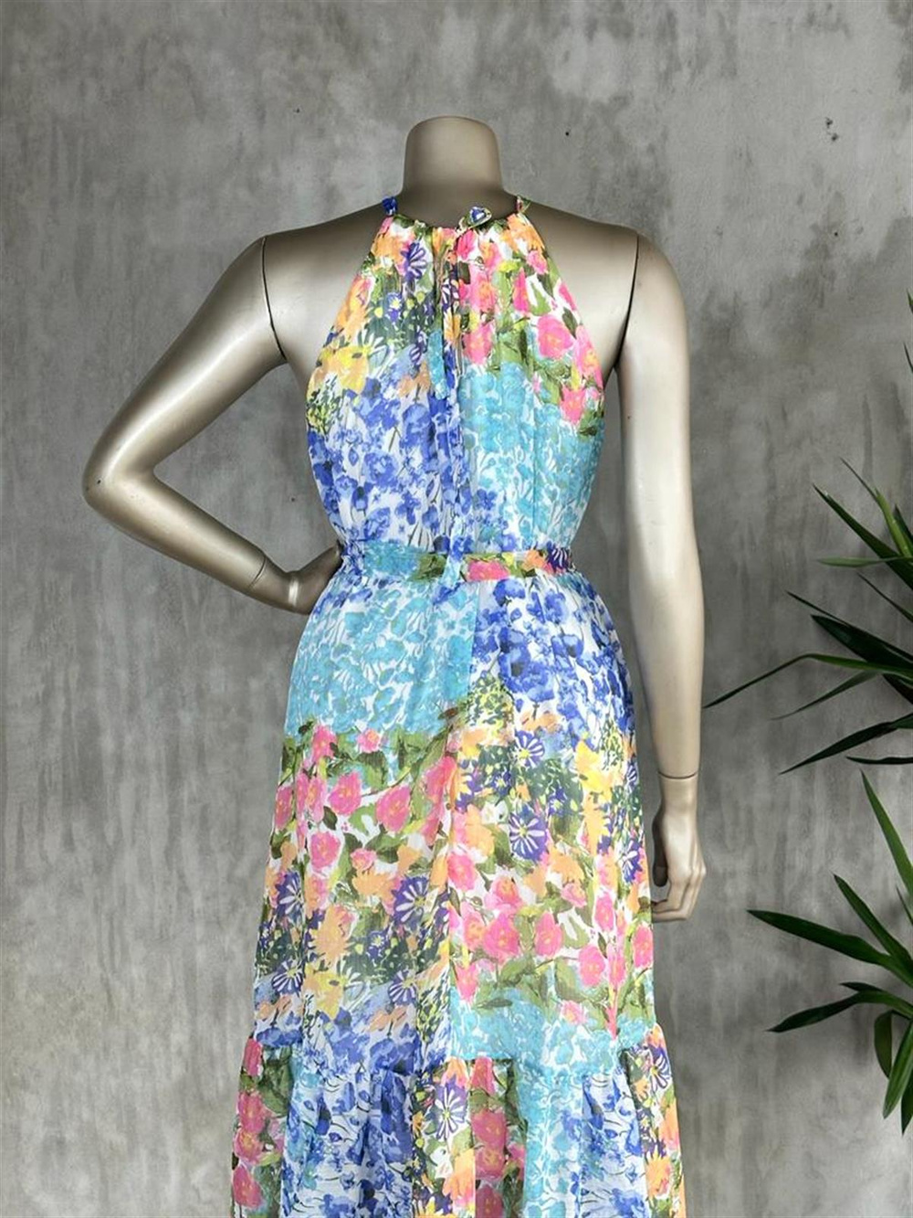 Halter Yaka Çiçekli Elbise (Mavi)