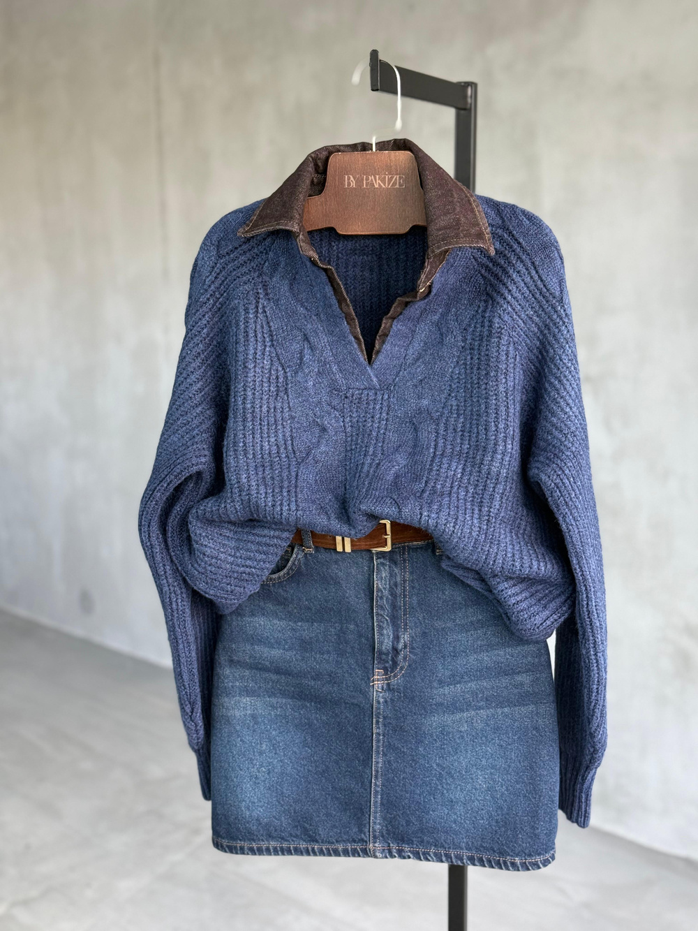 KAHVE Denim Detaylı Saç Örgü Kazak (Mavi)