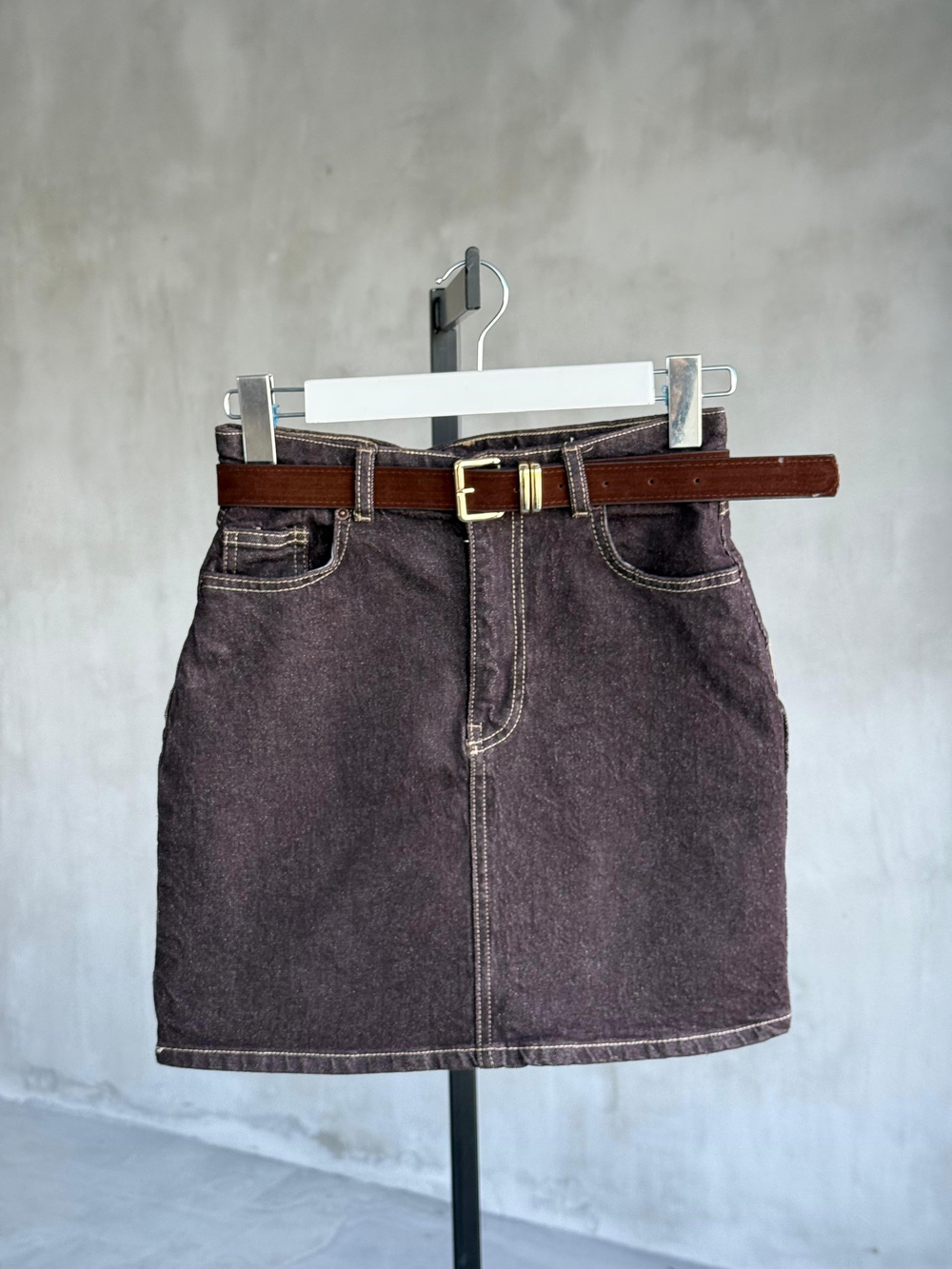 Kemerli Mini Kot Etek (Kahve)