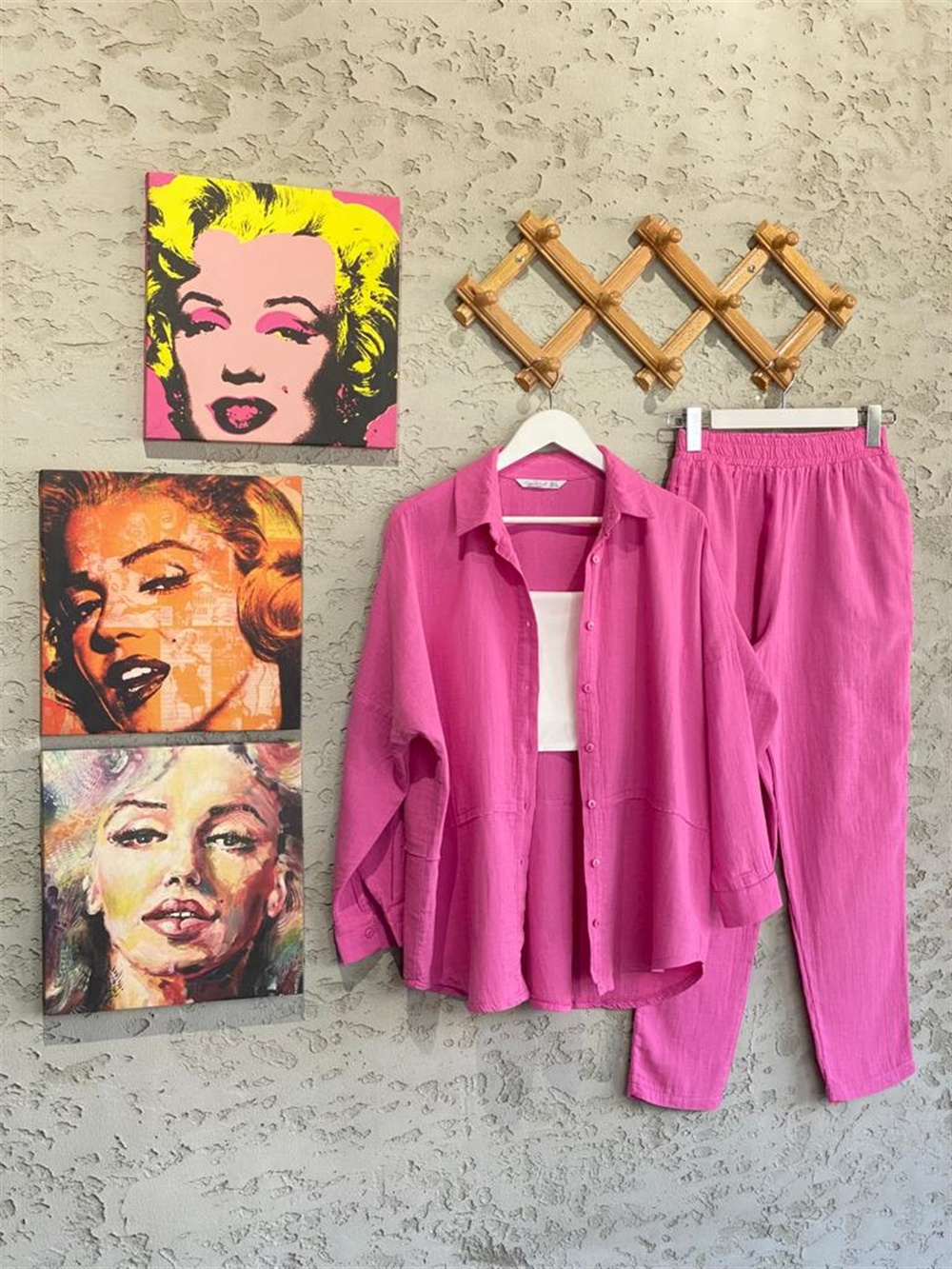 Keten Gömlek Ve Pantolon Takım (Pembe)