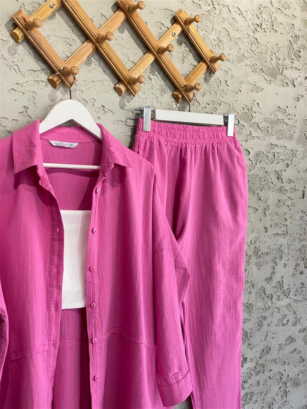 Keten Gömlek Ve Pantolon Takım (Pembe)