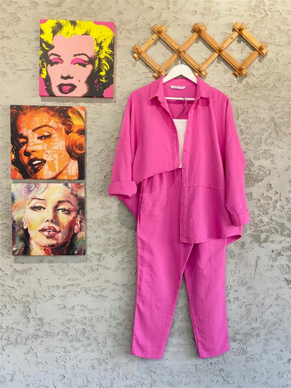 Keten Gömlek Ve Pantolon Takım (Pembe)