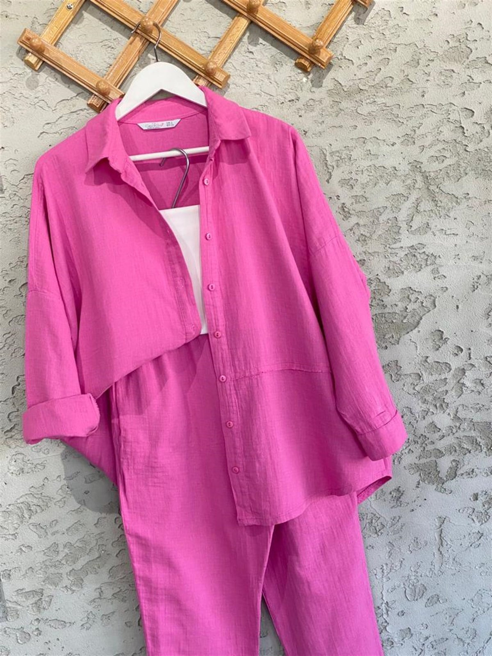 Keten Gömlek Ve Pantolon Takım (Pembe)