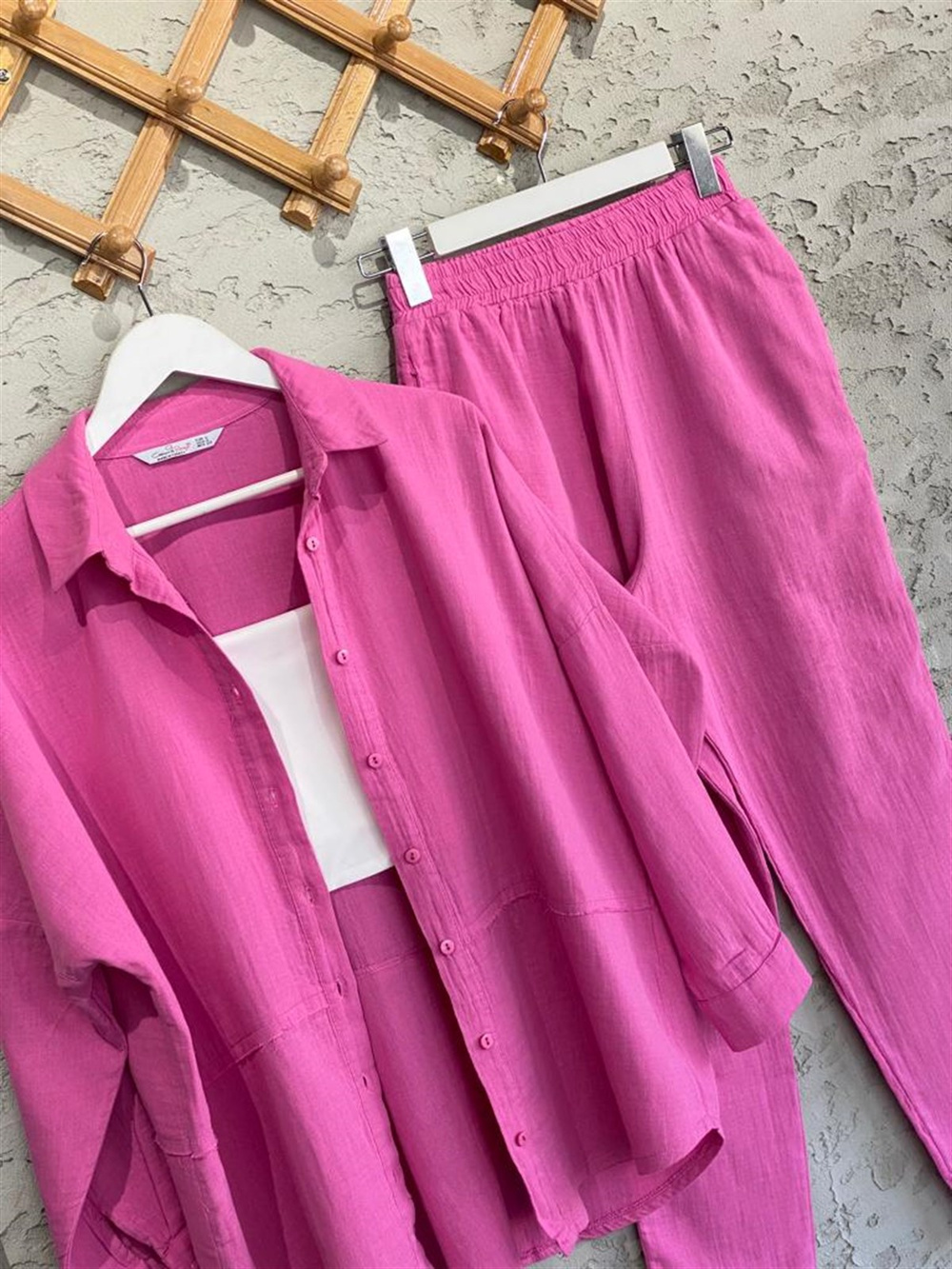 Keten Gömlek Ve Pantolon Takım (Pembe)