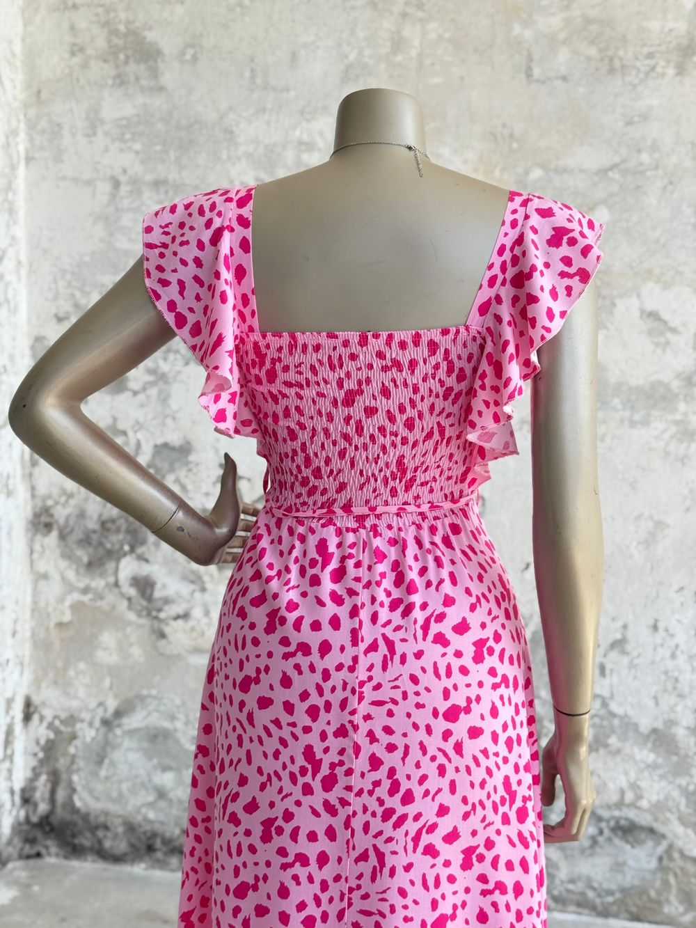 Kolları Fırfırlı Benekli Prenses Elbise (Pembe)