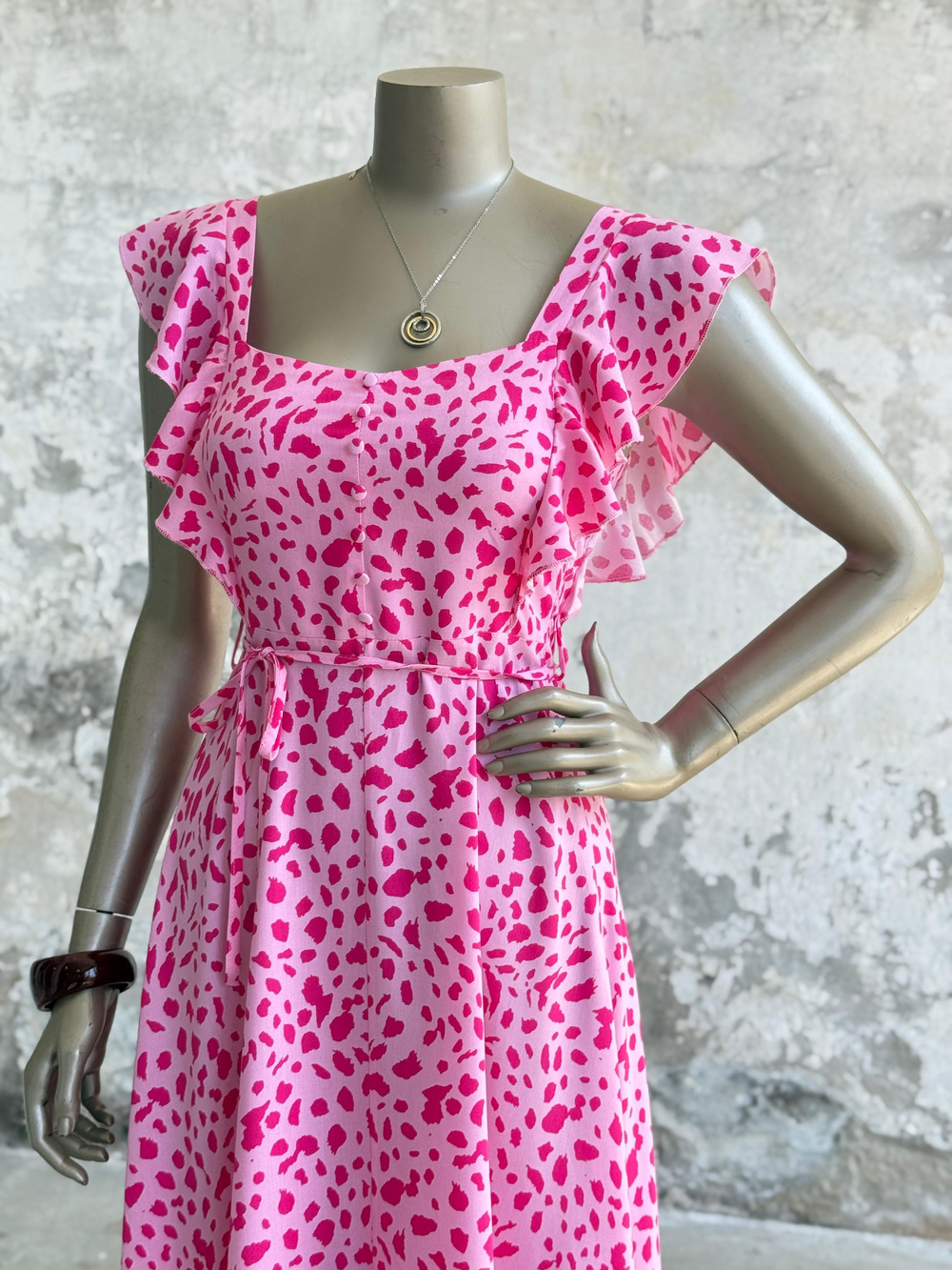 Kolları Fırfırlı Benekli Prenses Elbise (Pembe)