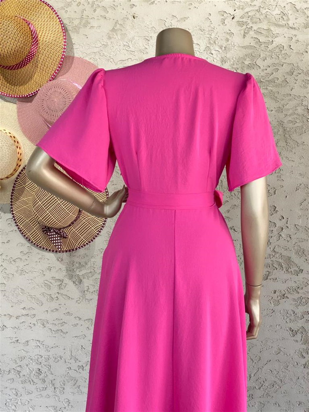 Kruvaze Yaka Midi Elbise (Pembe)