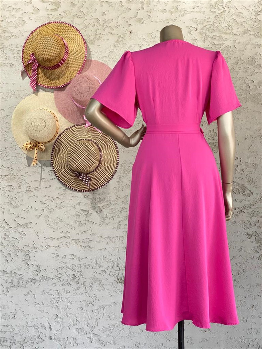 Kruvaze Yaka Midi Elbise (Pembe)