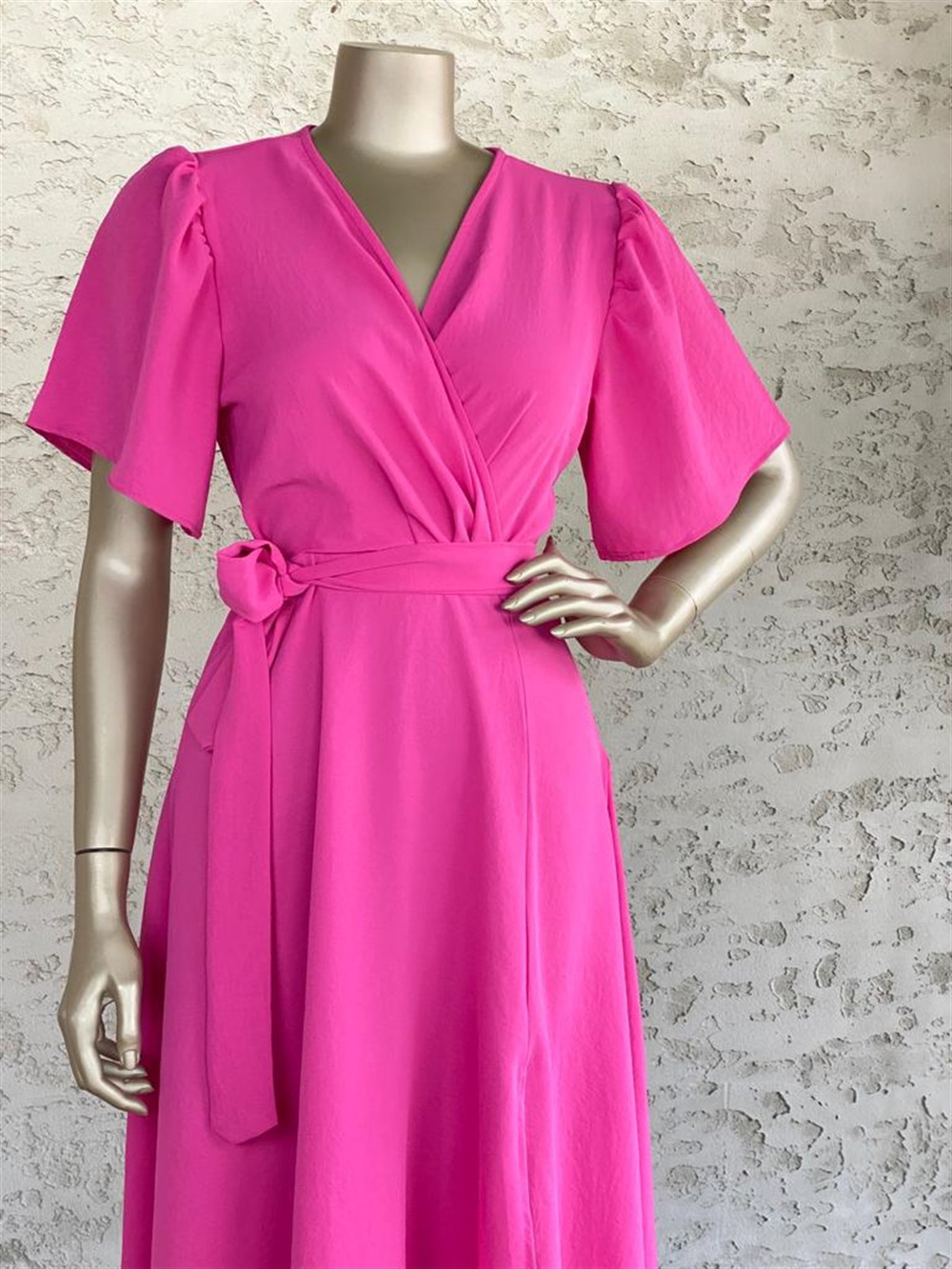 Kruvaze Yaka Midi Elbise (Pembe)
