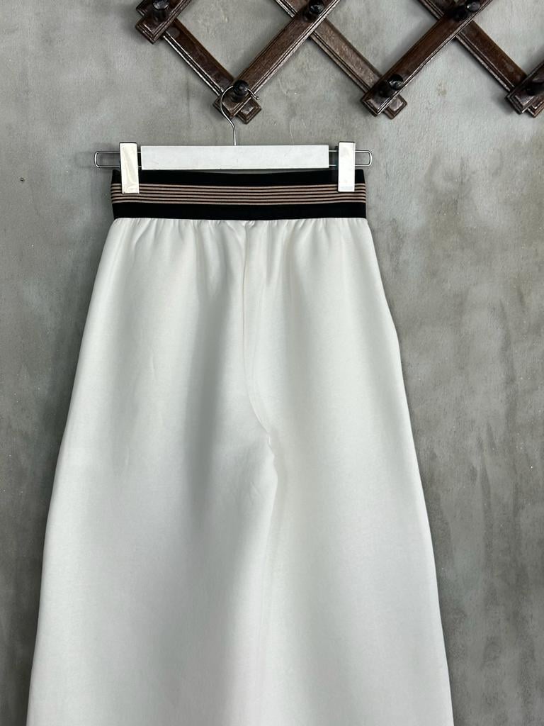Lastik Kemerli Bol Paça Şardonlu Kadın Pantolon (Beyaz)