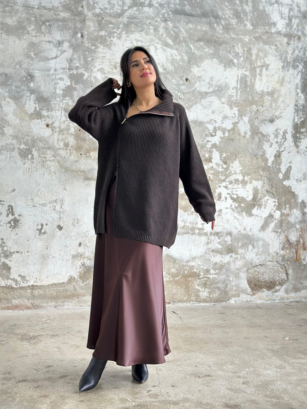 Maxi Boy Saten Etek (Kahve)